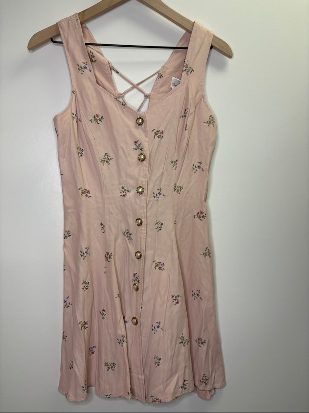 Fredericks of Hollywood Sleeveless Pink Floral Pearl Button-Front Dress Retro